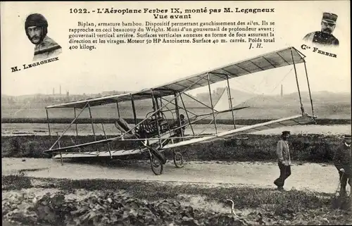 Ak Aviation, Aviateur M. Legagneux sur l'aeroplane Ferber IX, Biplan