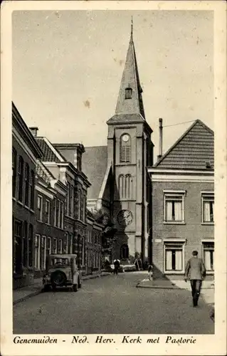 Ak Genemuiden Overijssel, Ned. Herv. Kerk met Pastorie