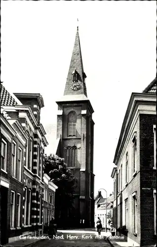 Ak Genemuiden Overijssel, Ned. Herv. Kerk met Pastorie