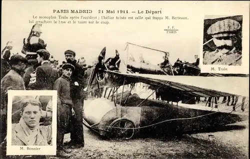 Ak Raid Paris-Madrid, 21. Mai 1911, Bonnier, Train, Le Départ, Piloten, Flugpioniere