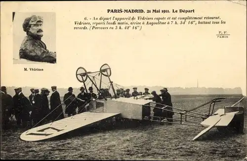 Ak Paris Madrid 1911, au depart l'appareil de Vedrines