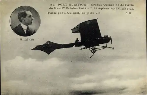 Ak Port Aviation, Grande Quinzaine de Paris 1909, Aeroplane Antoinette, Aviateur M. Latham