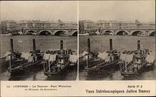 Stereo Ak London City England, The Thames, Waterloo Bridge, Somerset House