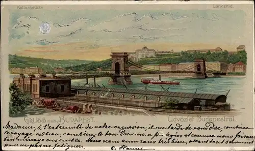 Litho Budapest Ungarn, Kettenbrücke, Lanczhid