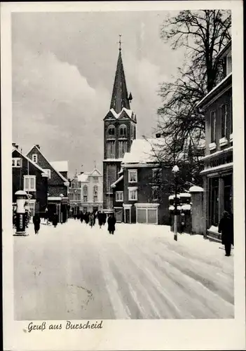 Ak Burscheid in Nordrhein Westfalen, Hauptstraße im Winter, Kirche