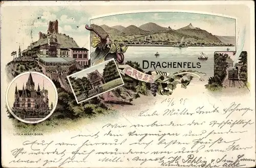 Litho Königswinter am Rhein, Drachenfels, Schloss Drachenburg, Zahnradbahn