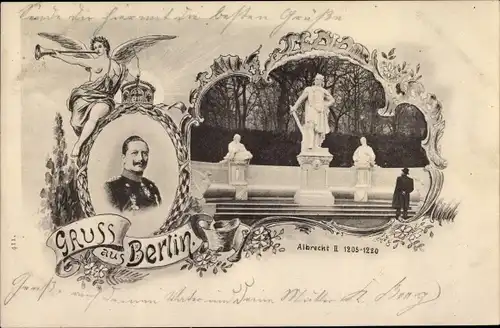 Ak Berlin Tiergarten, Porträt Kaiser Wilhelm II., Albrecht II. Denkmal, Engel