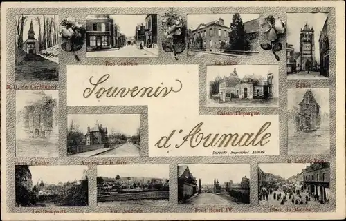 Ak Aumale Seine Maritime, La Poste, Pont Henri IV, Eglise, Rue Centrale