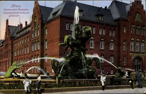 Ak Hamburg Altona, Stuhlmann Brunnen, Eisenbahndirektionsgebäude