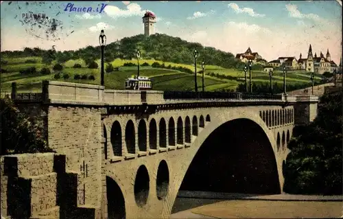 Ak Plauen im Vogtland, Teilansicht, Brücke, Straßenbahn