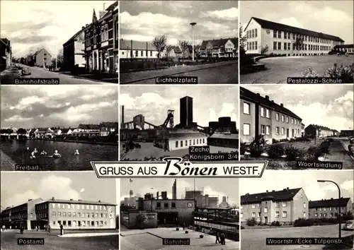 Ak Bönen in Westfalen, Bahnhof, Zeche Königsborn, Woortsiedlung, Post, Pestalozzischule, Freibad