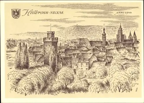 Wappen Künstler Ak Schäfer-Grohe, L., Heilbronn am Neckar, Panorama, Anno 1944