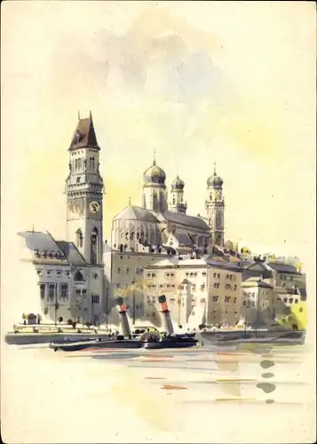 Künstler Ak Passau in Niederbayern, Partie an der Donau