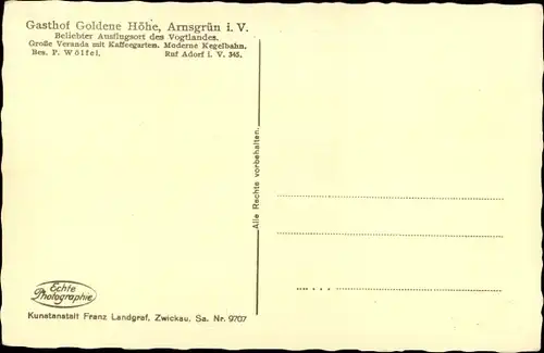 Ak Arnsgrün Zeulenroda Triebes Thüringen Vogtland, Gasthof Goldene Höhe, Bhf. Elster, Mühlhausen
