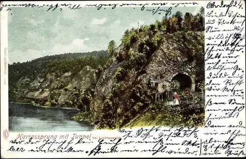 Ak Lichtenwalde Niederwiesa Sachsen, Harrassprung mit Tunnel