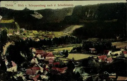 Ak Oybin in der Oberlausitz, Blick vom Schuppenberg nach dem Scharfenstein