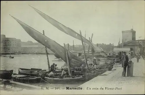 Ak Marseille Bouches du Rhône, Vieux Port, Fischerboote