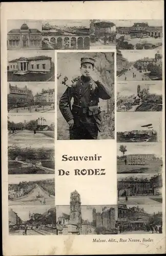 Ak Rodez Aveyron, Soldat in Uniform, Stadtansichten