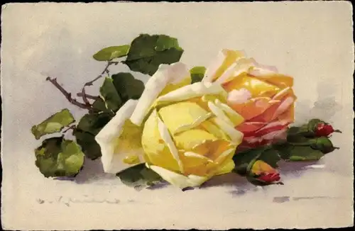 Künstler Ak Klein, C., Gelbe Rose, Orange Rose, Blumenstrauß