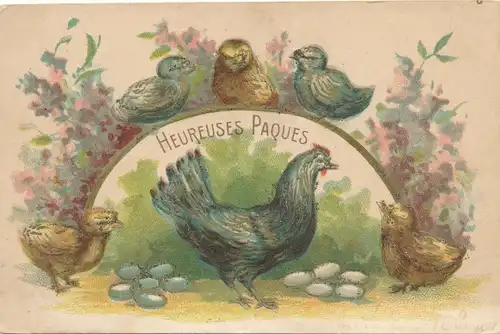 Glitzer Litho Glückwunsch Ostern, Schwarzes Huhn und Küken, Ostereier