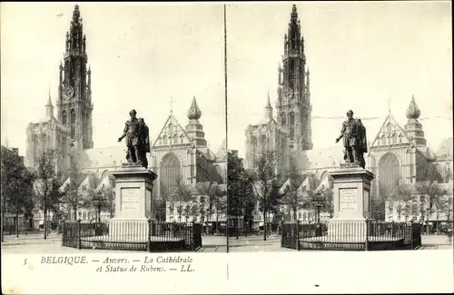 Stereo Ak Antwerpen Anvers Flandern, La Cathedrale et Statue de Rubens