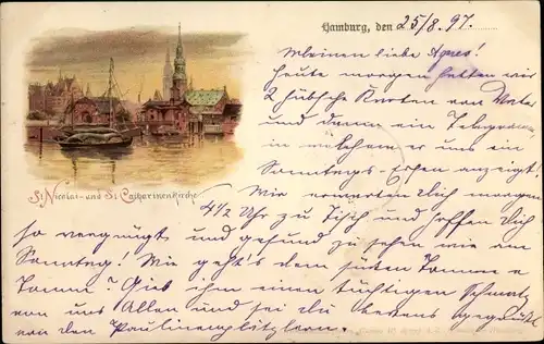 Litho Hamburg Mitte Altstadt, Nicolaikirche, Catharinenkirche