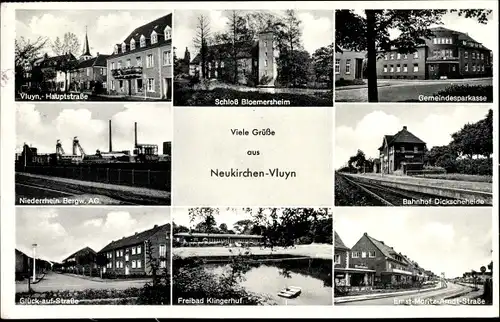 Ak Neukirchen Vluyn am Niederrhein, Hauptstraße, Schloss, Freibad, Bahnhof Dickscheheide