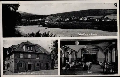 Ak Beiseförth Malsfeld in Hessen, Gesamtansicht, Gasthaus zum Goldenen Löwen, Saal