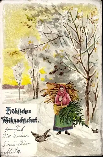 Ak Glückwunsch, Weihnachten, Frau, Tannenbaum, Vogel, Winterpartie