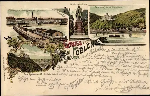 Litho Koblenz am Rhein, Goeben Denkmal, Stolzenfels, Schiffbrücke,  Burg Lahneck, Niederlahnstein