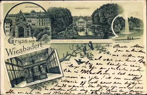 Litho Wiesbaden in Hessen, Kochbrunnen, Quelle, Kursaalplatz, Große Fontaine