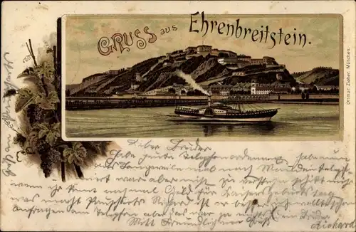 Litho Ehrenbreitstein Koblenz am Rhein, Panorama, Salondampfer