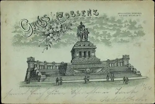 Litho Koblenz am Rhein, Provinzial Denkmal Kaiser Wilhelm I.