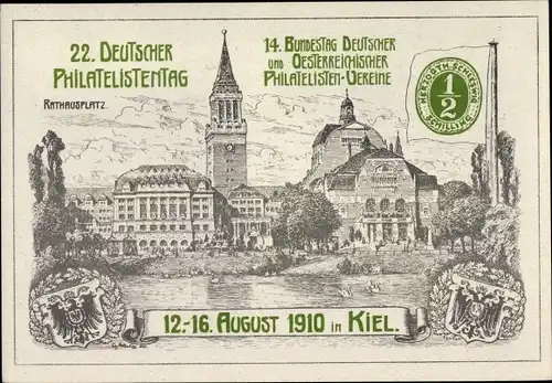 Künstler Wappen Hansestadt Kiel, 22. Deutscher Philatelistenag, Rathausplatz, 14. Bundestag, 1910