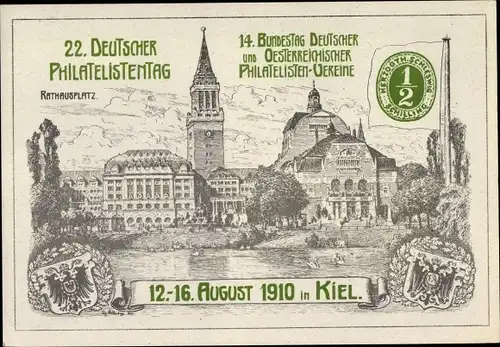 Künstler Wappen Hansestadt Kiel, 22. Deutscher Philatelistenag, Rathausplatz, 14. Bundestag, 1910