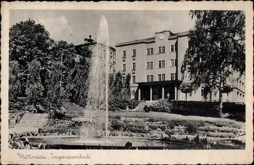 Ak Mittweida in Sachsen, Ingenieurschule, Springbrunnen