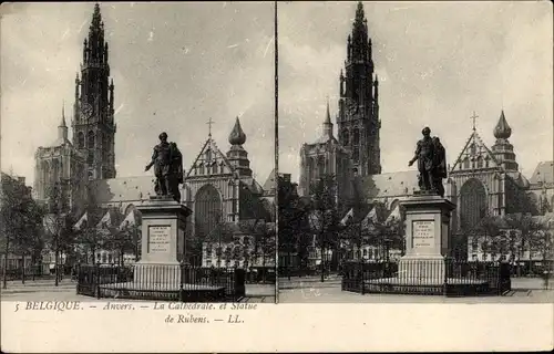 Stereo Ak Antwerpen Anvers Flandern, Cathedrale, Statue de Rubens