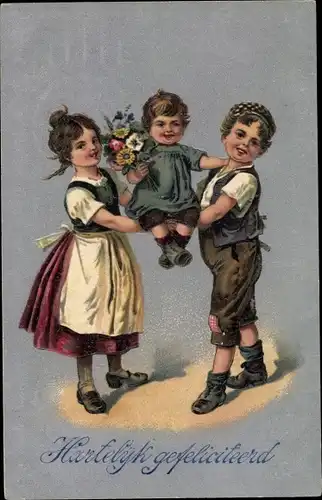 Präge Ak Glückwunsch, Kinder mit Blumenstrauß