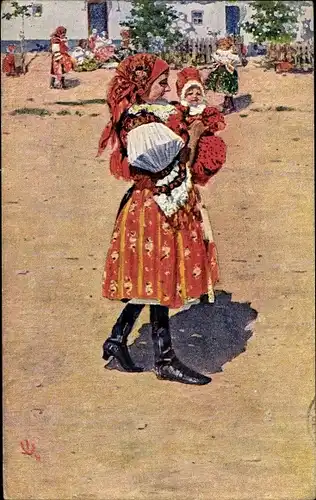 Künstler Ak Uprka, Joža, Mädchen und Kleinkind in tschechischen Volkstrachten