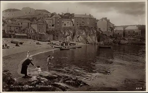 Ak Cawsand Cornwall England, Strandpartie, Blick auf den Ort