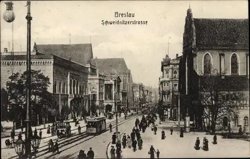 Ak Wrocław Breslau Schlesien, Schweidnitzerstraße, Straßenbahn