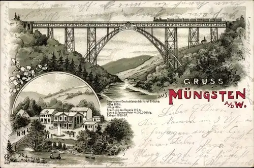 Litho Müngsten an der Wupper Wuppertal, Kaiser Wilhelm Brücke, Eisenbahn