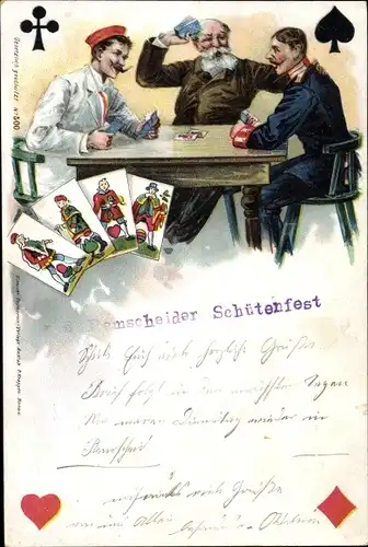 Litho Drei Männer beim Kartenspiel, deutscher Soldat, Kaiserreich