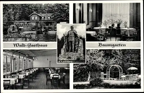 Ak Ascheffel im Kreis Eckernförde, Wald Gasthaus Baumgarten, Bismarckdenkmal, Aschberg, Saal