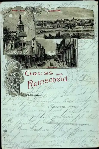 Mondschein Litho Remscheid im Bergischen Land, Evangelische Kirche, Alleestraße, Panorama