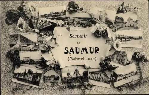 Ak Saumur Maine et Loire, miniatures, Vue générale, moulins, pont