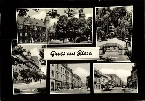 Ak Riesa an der Elbe Sachsen, Rathaus, Stadtpark, Pestalozzi Schule, Alexander Puschkin Platz