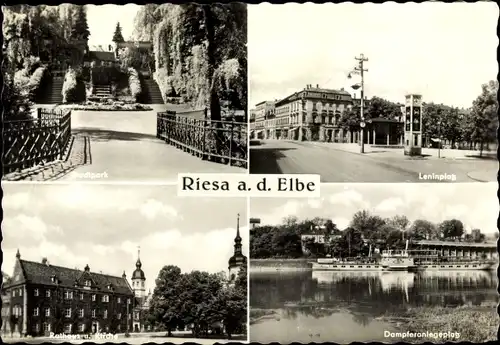 Ak Riesa an der Elbe Sachsen, Stadtpark, Leninplatz, Rathaus, Kirche, Dampferanlegeplatz