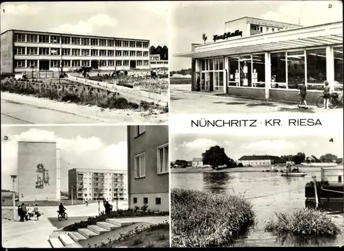 Ak Nünchritz in Sachsen, Polytechnische Oberschule, Konsum Kaufhalle, Glaubitzer Straße, Elbfähre