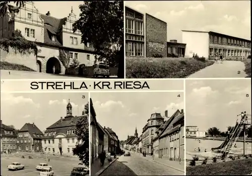 Ak Strehla an der Elbe Sachsen, Torhaus des Schlosses, Erich Weinert Oberschule, Rathaus, Schwimmbad